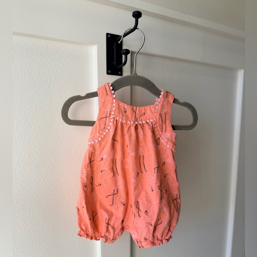 Carter's Coral Flamingo Baby Romper With Embroidered Trim